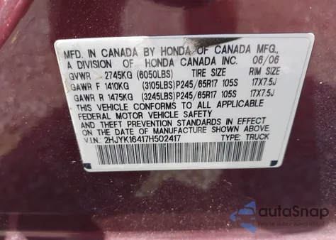 2007 Honda Ridgeline Rts from USA, damaged, VIN 2HJYK16417H502417